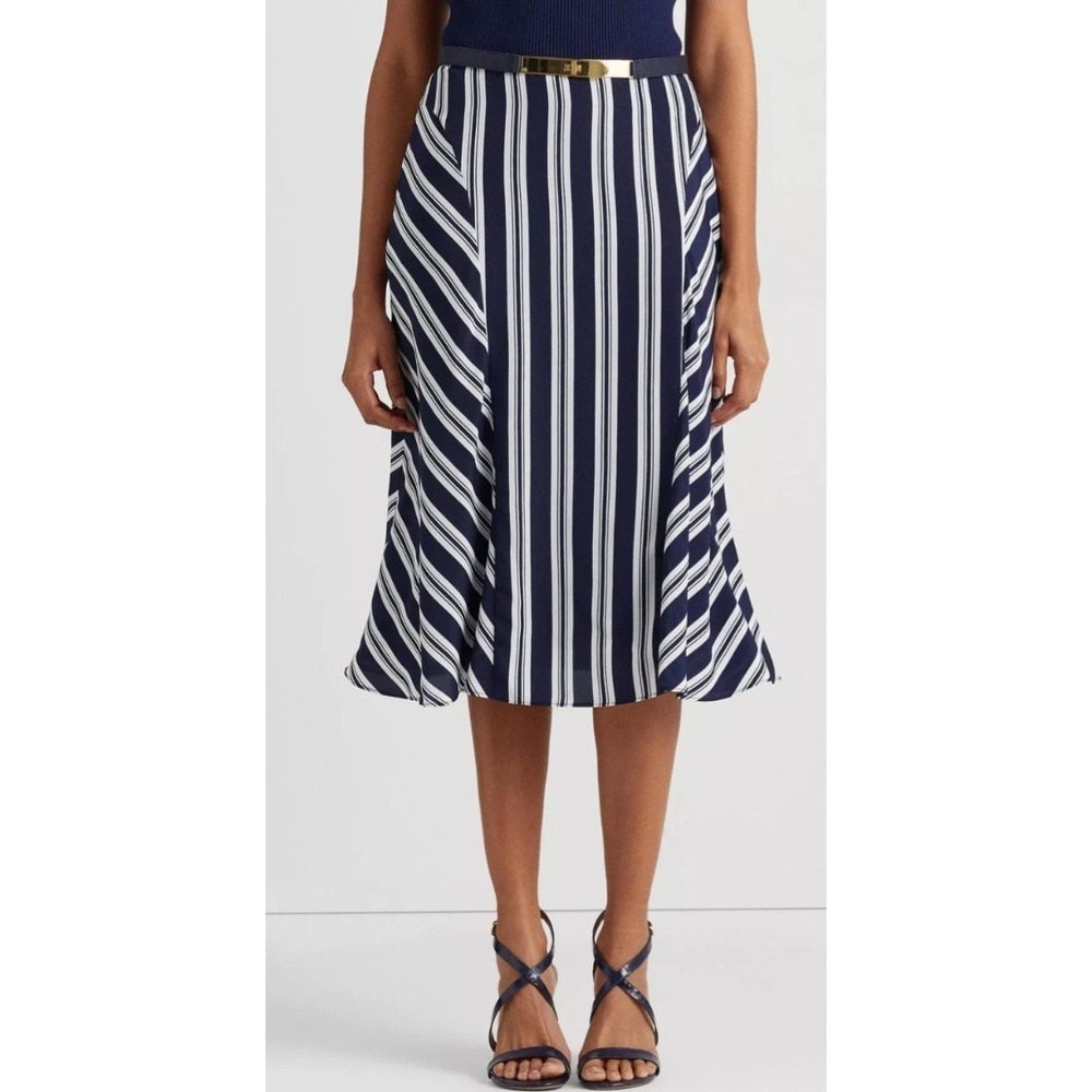 Lauren Ralph Lauren Navy Blueโ White Striped A-Line Nautical Midi Skirt 10P NWT